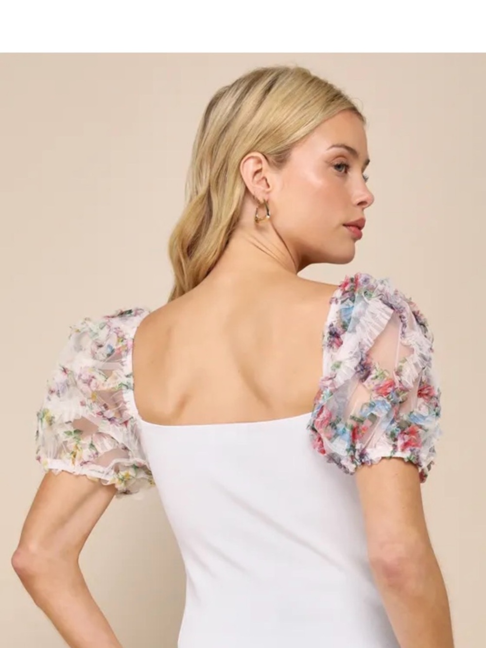 Lulu's Cream Top with Floral Puff Organza Sleeves - Picture 10 of 12